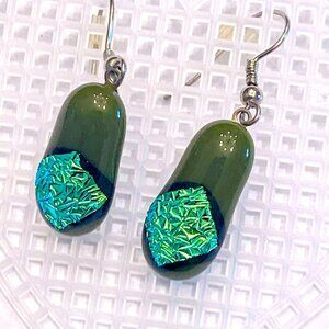 Handmade Fused Glass Elegant Green  Dangle Earrings